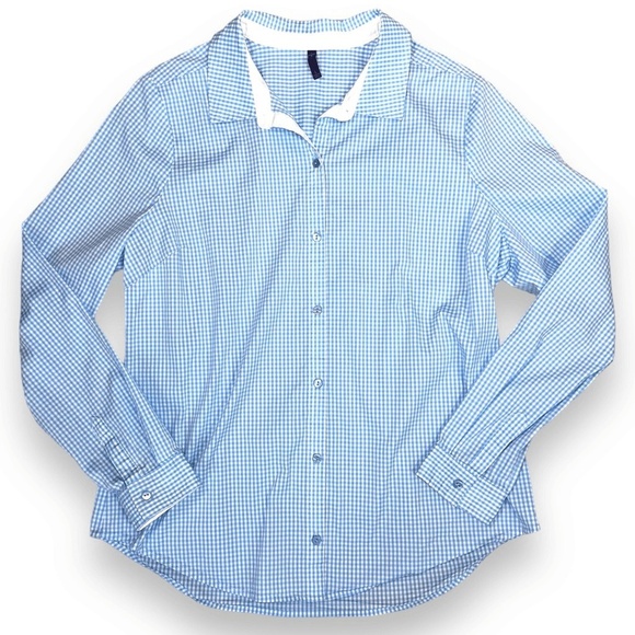 NYDJ Blue and White Checkered Button Down Shirt Womens size Large - Picture 1 of 6